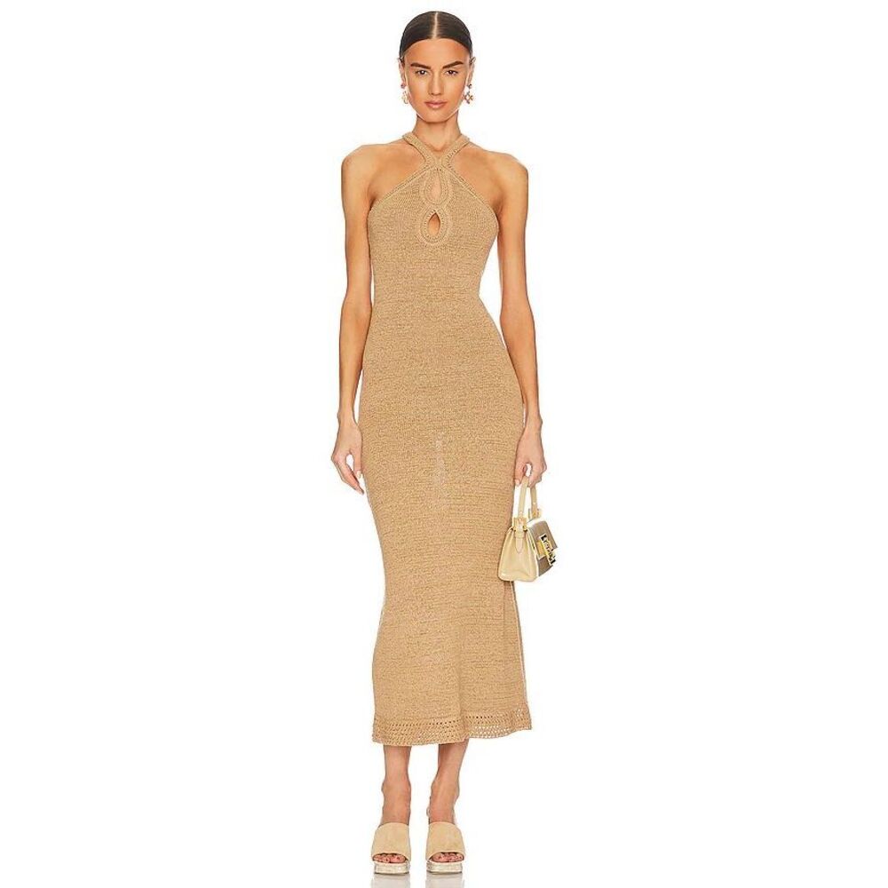 Significant Other Saoirse Midi Maxi Halter Dress Knit Crochet Biscuit Tan Size 6 - Picture 12 of 13